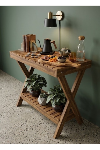 Nelyu Masif Ahşap Yan Sehpa - 80x60x20 Cm Çok Amaçlı Dekoratif Raf Kahverengi