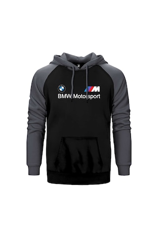 Bmw Logo M Power Motorsport Gri Renk Reglan Kol Kapşonlu Sweatshirt Gri