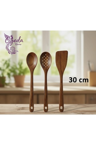 3 Lü Akasya Ahşap Kaşık Seti Doğal 30 Cm Mutfak Karıştırma & Servis Kaşığı
