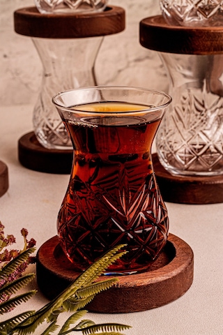 Trady - 6 Lı Cam Çay Seti 12 Parça Ahşap Altlık Cam Çay Takımı Seti 6 Kişilik Çay Tabak Ahşap