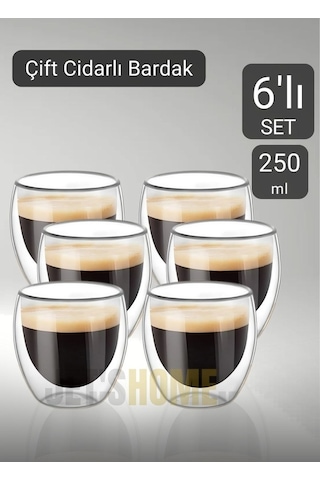 6 Lı Set Cappuccino Bardağı Latte Bardağı Çift Cidarlı Bardak Americano Bardağı 250 Ml Kahve Bardağı Şeffaf
