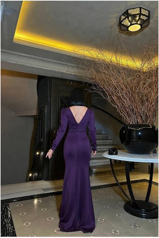 Lior Design Kadın Tasarım V Yaka Taş Detaylı Uzun Kollu Abiye Elbise Mor