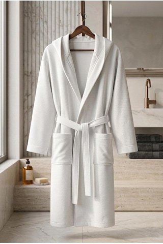 Soft Comfort Lacost Örgü Unisex Kapüşonlu Bornoz Beyaz