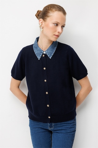 On Kadın Denim Detaylı Kısa Kollu Triko Hırka 10509 Lacivert