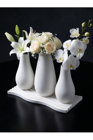4'lü Şık Dekoratif Vazo Set Vazolar 13cmx15cmx13cm - Tepsi 24cm Çok Renkli