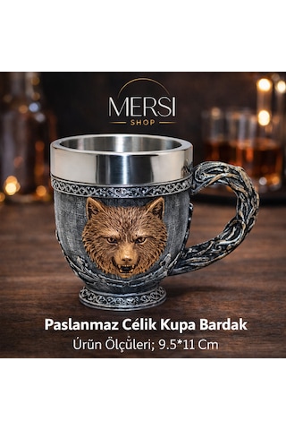 Mitolojik Ayı Figürlü 3d Kabartmalı Paslanmaz Çelik Kupa Bardak Dekoratif Viking Tarzı Kupa Gri - Gümüş