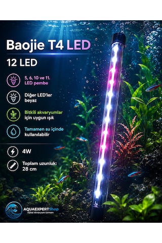 Baojie Akvaryum Işığı - Bitki Işığı - Balık Işığı - Tamamen Su İçinde Kullanılabilir - 12 Led - Pembe Beyaz - 28 Cm - Güçlü Aydınlatma - 4w