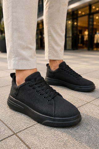 Mevese Ont Bağcıklı Keten Dokulu Hafif Taban Erkek Günlük Casual Sneaker Ayakkabı - Siyah
