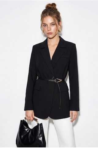 Shade Kadın Astarlı Garni Kol Detaylı Kemerli Blazer Ceket 8146 60286139 - Siyah