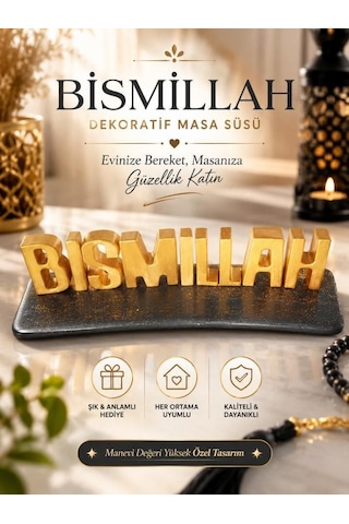 Bismillah Yazılı Dekoratif Masa Süsü Siyah Gold Taş Obje