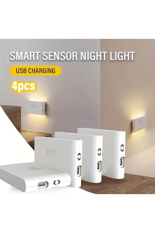 Cordial 4 Adet Usb Şarj Edilebilir Led Hareket Sensörlü Gece Işıkları Ayarlanabilir Parlaklık Yatak Odası Hol Dolap Mutfak İçin