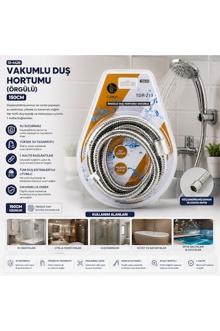 Lunaev Krom - Örgülü Vakumlu Duş Hortumu 150 Cm Vakumlu Ambalaj Açık Ahşap