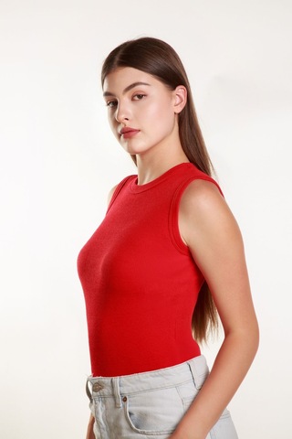 Kadın Kırmızı Fitilli Likralı Sıfır Kol Bisiklet Yaka Örme Atlet Tshirt Bluz Kırmızı