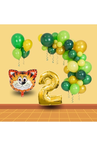 2 Yaş Safari Temalı Folyo Kaplan Yeşil Sarı Gold Balonlar Gold Rakam Doğum Günü Süsü Sarı - Yeşil