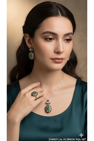 Zümrüt, Lal Ve Zirkon Karışımlı Gümüş 3 Lü Oval Set Bronz
