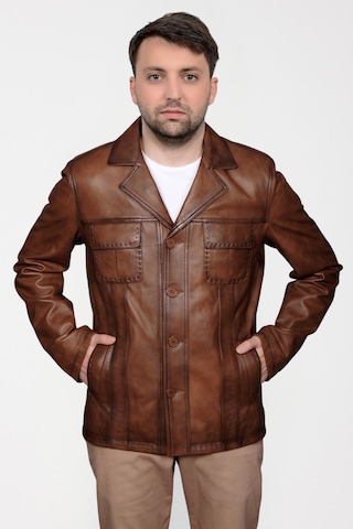 Derije Gomez Hakiki Deri Erkek Taba Punto Dikiş Detaylı Ceket-Mont