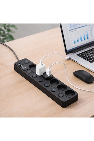 6 Lı Ayrı Anahtarlı Akım Korumalı Priz 3680w 16a 2 Usb 2 Type-c 2 Metre Kablolu Çoklu Priz 3 M