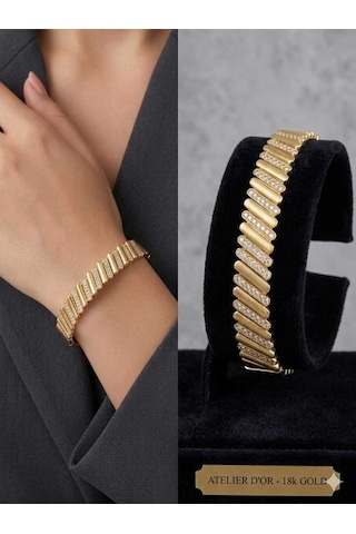 Kadın Gold Renk Antialerjik Çelik Taşlı Modern Tasarım Kelepçe Altın