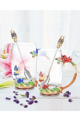 Neevoyu Kırmızı Cam Çay Bardağı Seti 350ml - Floral Desenli, Isı Yalıtımı, Kaşık+temizlik Bezi+hediye Kutusu İle - Açık Renkli Zümrüdüanka Desenli Ev Dekorasyonu Ve Çay Zevki Çok Renkli