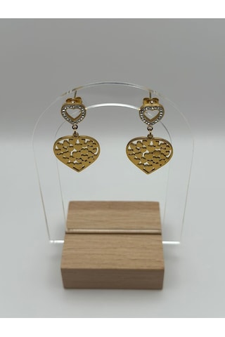 Arnes Jewelry Çelik Sallantılı Zirkon Taşlı Kalpli Küpe Ar254nes Gold