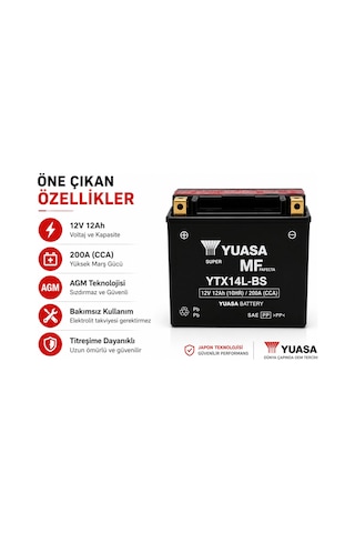 Yuasa Ytx14l-bs 12v 12ah 200a Agm Bakımsız Motosiklet Aküsü Harley