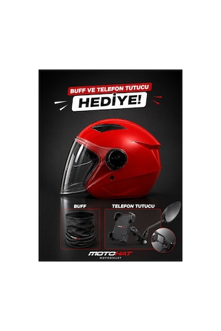 Güneş Vizörlü Kask - Telefon Tutucu Ve Buff Kırmızı
