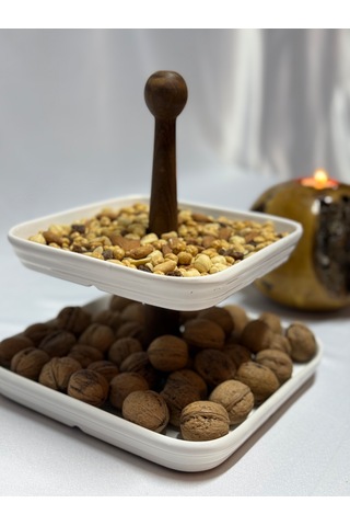 Aless 2 Katlı Ahşap Kulplu Seramik Sunumluk Çerezlik Meyvelik