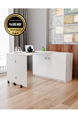 Rafineri Flor Çalışma Masası Dolaplı Açılır Katlanır Masa Mdf Bey Beyaz