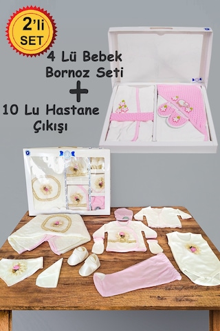 10 Parça Pembe Çiçek Hastane Çıkışı Ve 4 Parça Bebek Bornoz Seti Ekru - Pembe