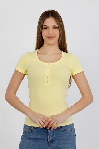 Hdm Kadın Esnek Fitilli Yakası Çıtçıtlı Sarı Kısa Kol Basic Örme Bluz - H5993