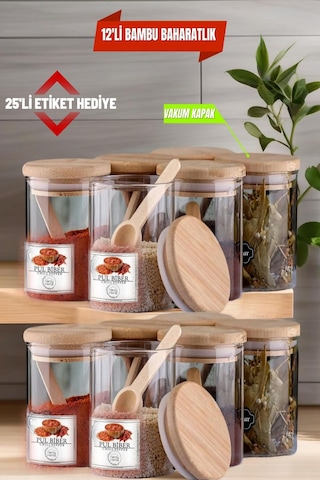 12 Adet Cam Vakumlu Bambu Kapaklı Borosilikat Baharatlık, Saklama Kabı, Çerezlik 200 Ml Diğer