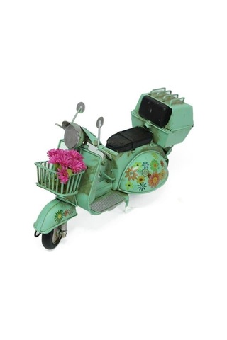 Vintage Dekoratif Sepetli Metal Scooter - Yeşil