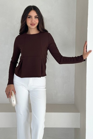 Noa & Noa Kadın Volanlı Dikiş Detaylı Premium Bluz Vücut Şekillendirici & Modern Kesim Kahverengi