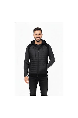 Erkek Kapitone Modelli 3 İplik Kapüşonlu Yelek Bgl-st04866 Siyah