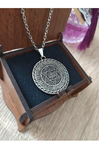 Mührü Süleyman Ve Tılsımı Yazılı Kolye Gümüş Rengi Gümüş