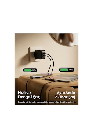 60w Çift Portlu Usb-c Hızlı Şarj Aleti Pd Type-c To Type-c Örgü Kablolu Adaptör