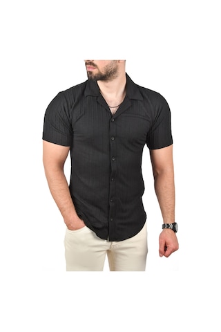 Deepsea Erkek Siyah Slim Fit Pamuklu Apaş Yaka Kısa Kol Penye Gömlek Dokulu Jakar Kumaş Dar Kesim Spor Gömlek 2501216 Siyah