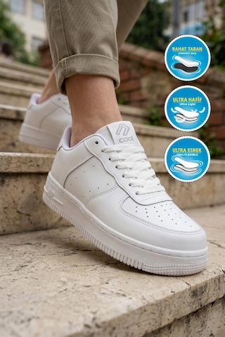 Cool Beyaz Bağcıklı Kalın Tabanlı Unisex Yürüyüş Ve Spor Ayakkabı Sneaker Pekin Kısa