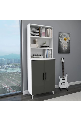 Reyo Home Enda Oras 6 Raflı Kapaklı Kitaplık Antrasit- Beyaz
