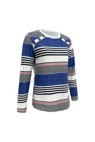 Ge Ticaret Kadın Uzun Kollu Bisiklet Yaka Düğme Detaylı Desenli Süprem Bluz Mavi