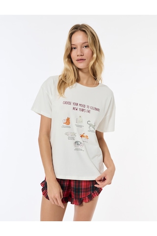 Koton Kedi Baskılı Kısa Kollu Bisiklet Yaka Oversize Tişört Pijama Üstü Beyaz 6wlk40284mk Beyaz