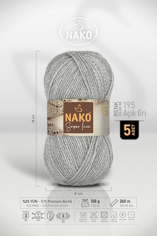 Süper İnci - 195 Açık Gri - 5'li Paket - 100gr/260m - El Örgü İpi - Atkı Yelek Kazak İpi