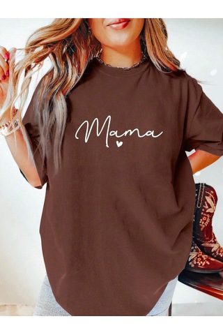 Mama Kalp T-shirt - Kahverengi Baskılı Oversize Bisiklet Yaka Kısa Kol Tişört Kahverengi