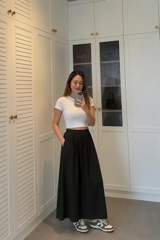Kadın Siyah Poplin Kumaş Uzun Etek Beli Lastikli Günlük Maxi Etek 90 Cm