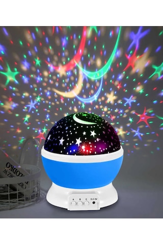 Dekoratif Çocuk Odası Gece Lambası Projeksiyon Dönen Ay Yıldız Mavi