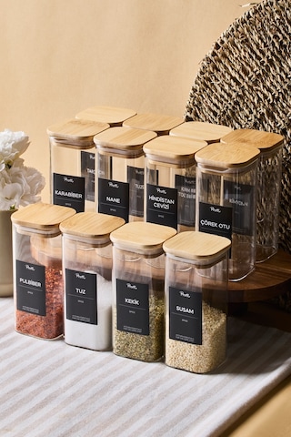 Gildo 12'li Bambu Kapak Borosilikat Cam Baharatlık 400 Ml 13x6 Cm 30 Adet Etiket Hediyeli Seffaf ŞEffaf