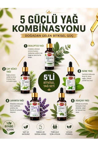 Kene, Sinek, Sivri Sinek, Haşereler İçin Doğal Koruma Okaliptüs, Çay Ağacı, Nane, Lavanta, Adaçayı Yağ Seti 5x20 Ml 100 ML