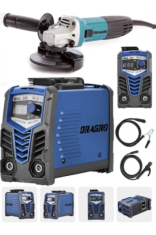 Dragro Technology DRG-200kynk Mavi Çift Kartlı 200 Amper Invertör Kaynak Makinası 3000 W Taşlama 2li Set