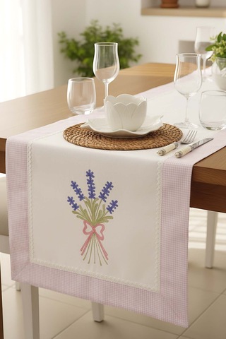 Lavanta İşlemeli Buldan Kumaş Runner 50x130 Cm Krem