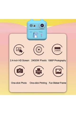 Lemestar Mavi Çocuklar İçin 2.4" Ekranlı Termal Yazıcı - 1080p Kayıt, 2400w Piksel, 200dpı, 1000mah Pil + 1 Rol Kağıt Dahil